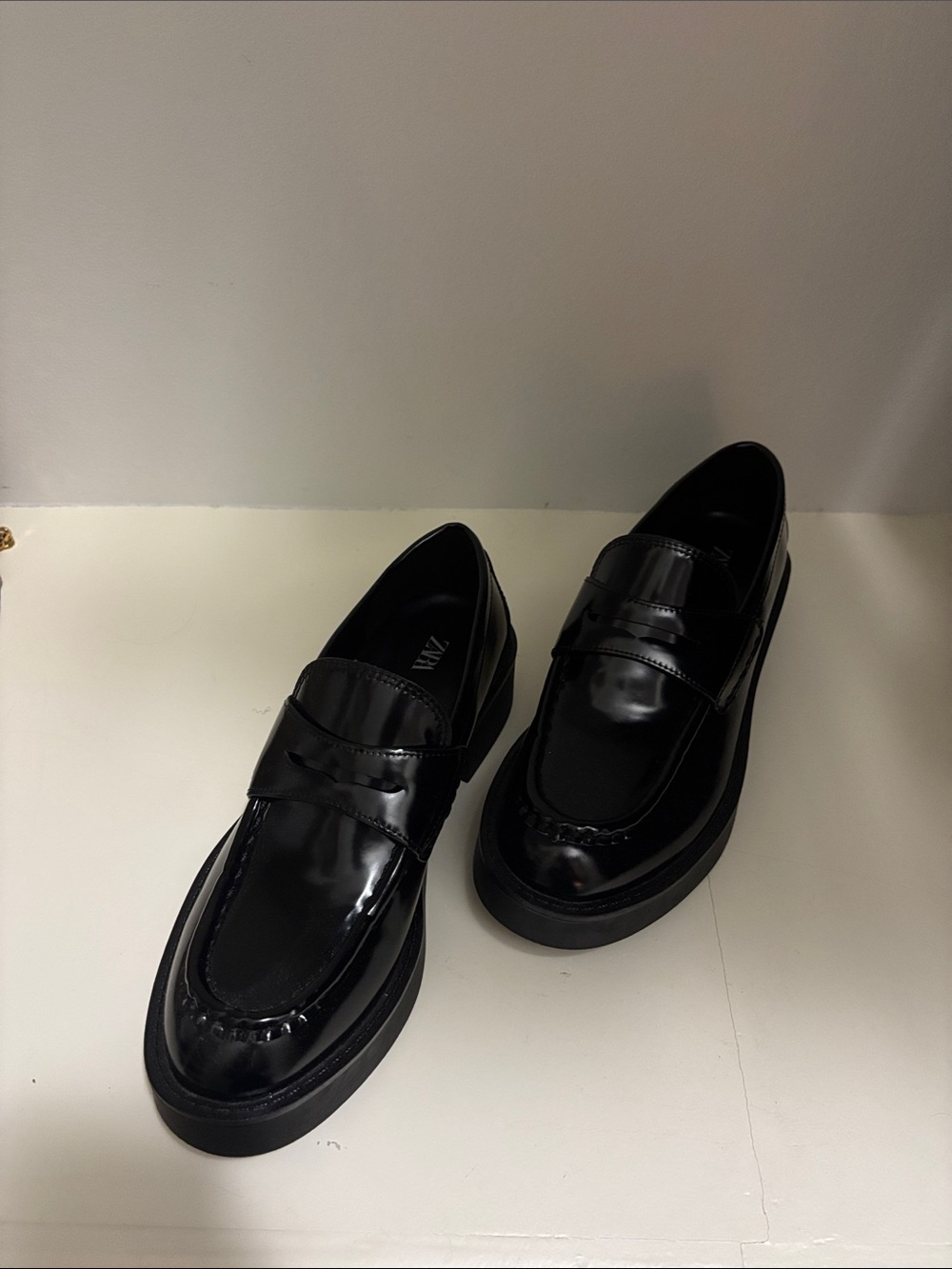 Zara Black Patent Leather Slip-On Loafers